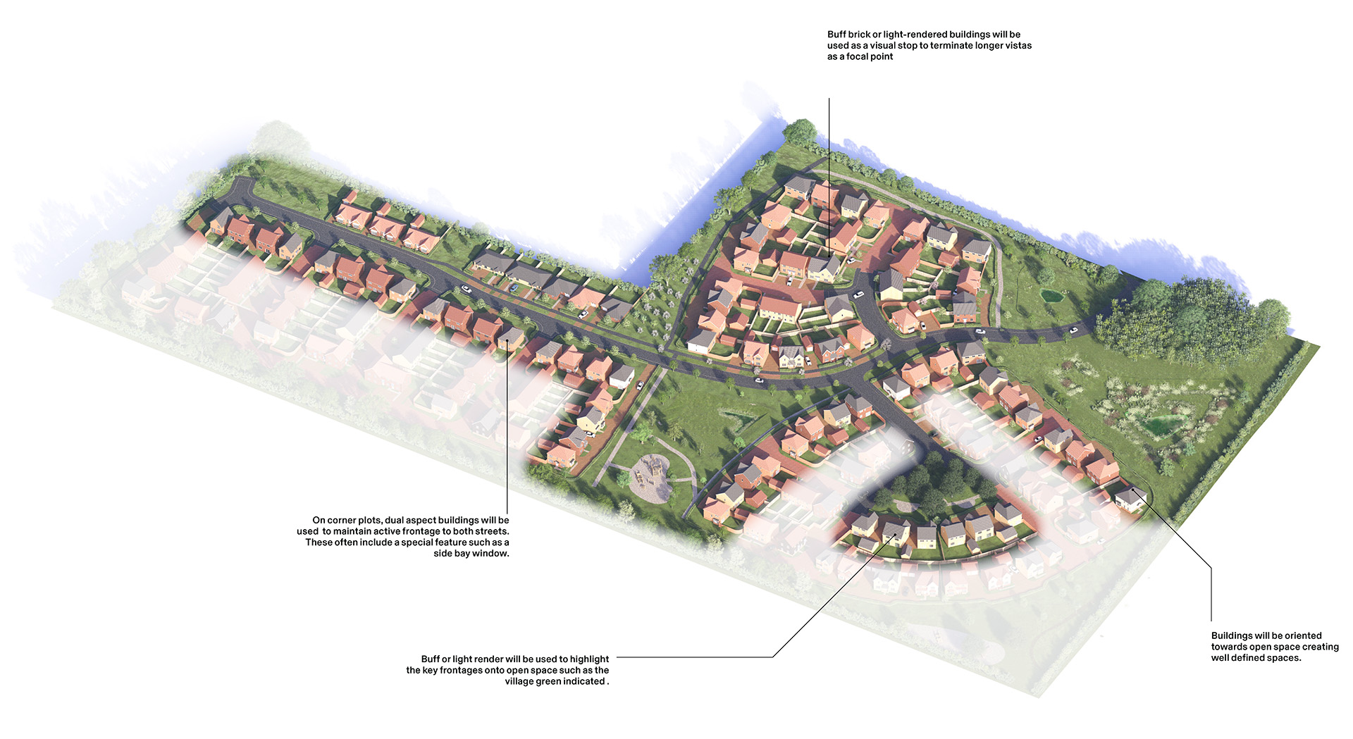 Illustrative aerial CGI illustrating how the Village Green character area principles are applied